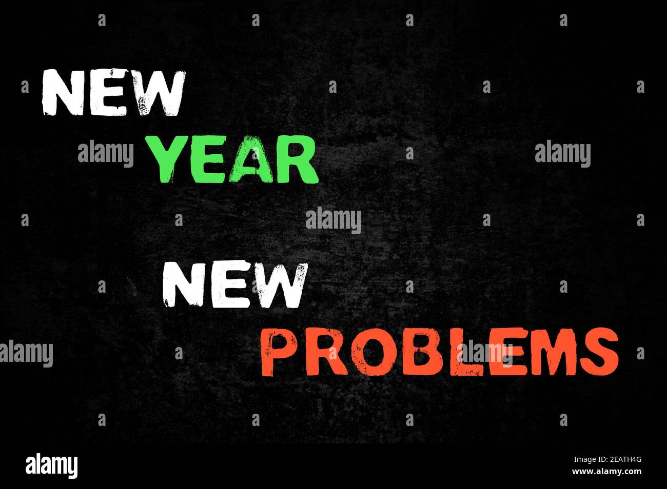 Tableau noir montrant: Nouvelle année - nouveaux problèmes Banque D'Images