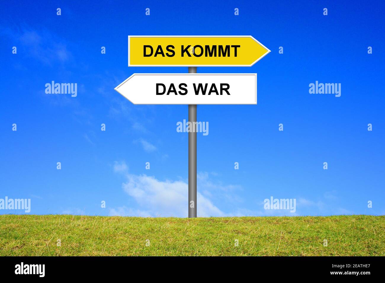 Signpost montrant la revue et l'aperçu - ceci a été et Cela viendra en allemand Banque D'Images