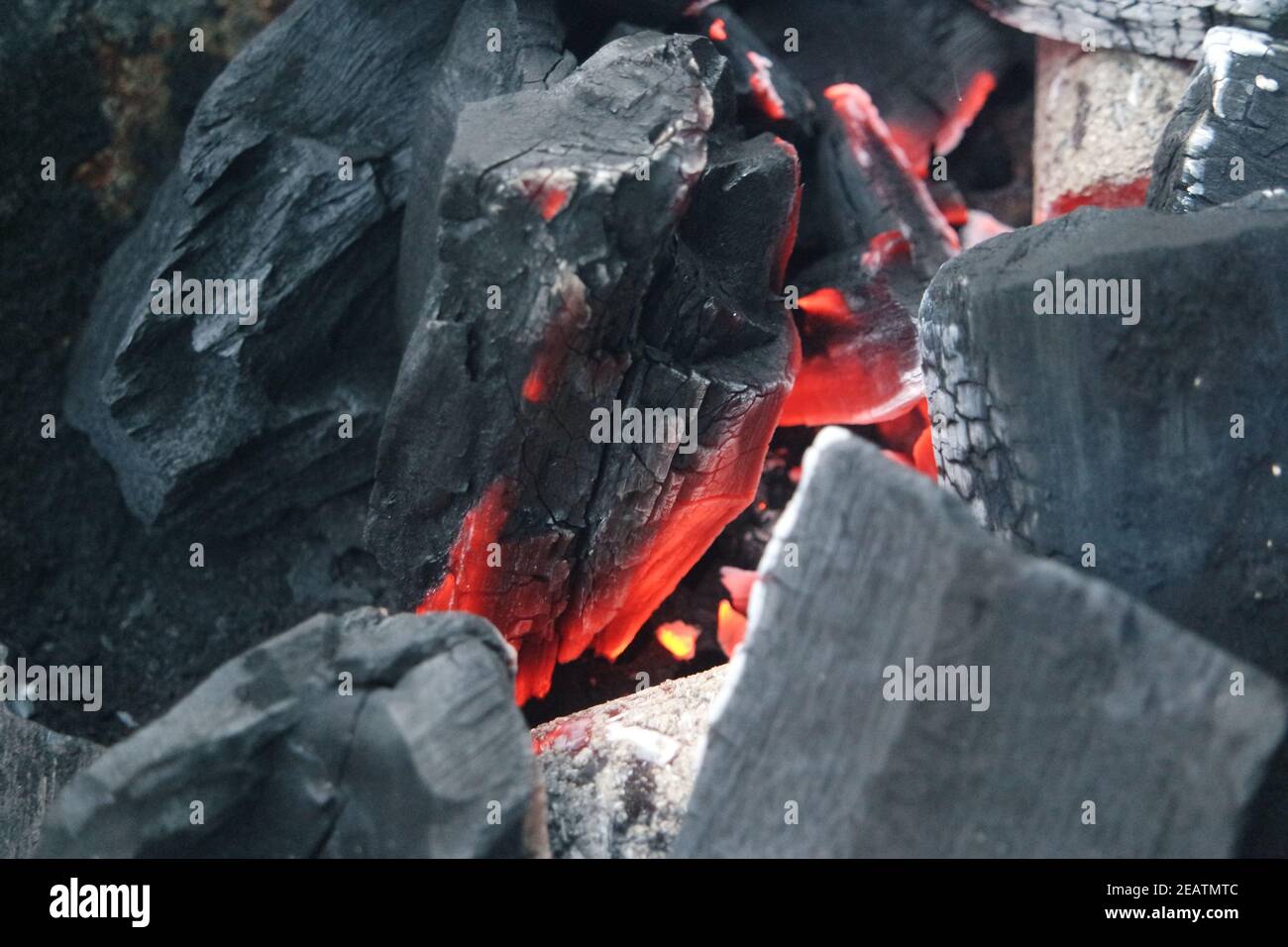 Feu sur les bûches dans la casserole de feu avec des braises et le charbon en feu et des flammes flamboyantes. Banque D'Images