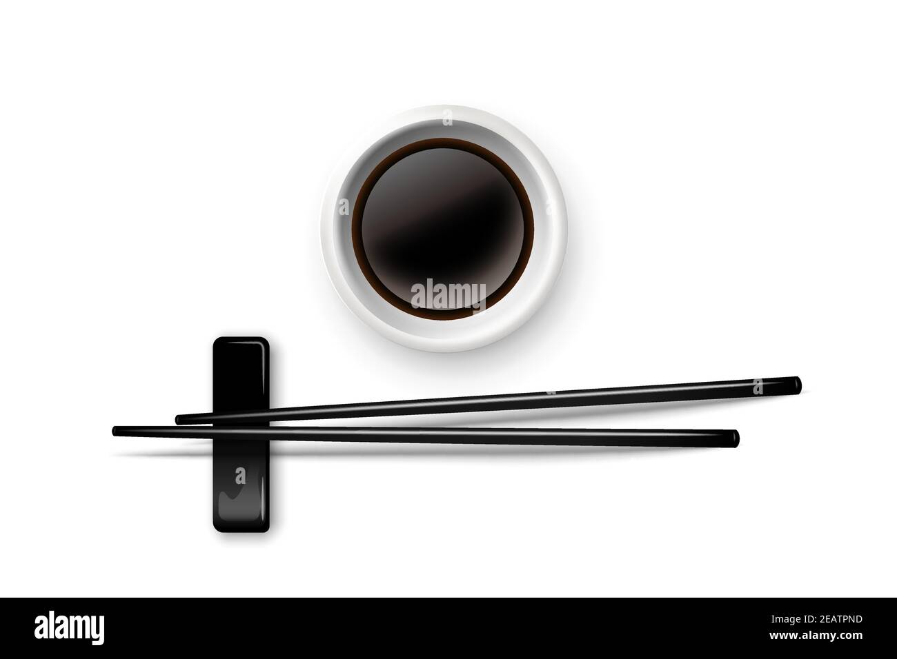Bâtonnets de sushi et sauce soja dans un bol. Éléments de cuisine chinoise ou japonaise pour manger illustration vectorielle. Paire de bâtons en bois noir et plaque avec Illustration de Vecteur