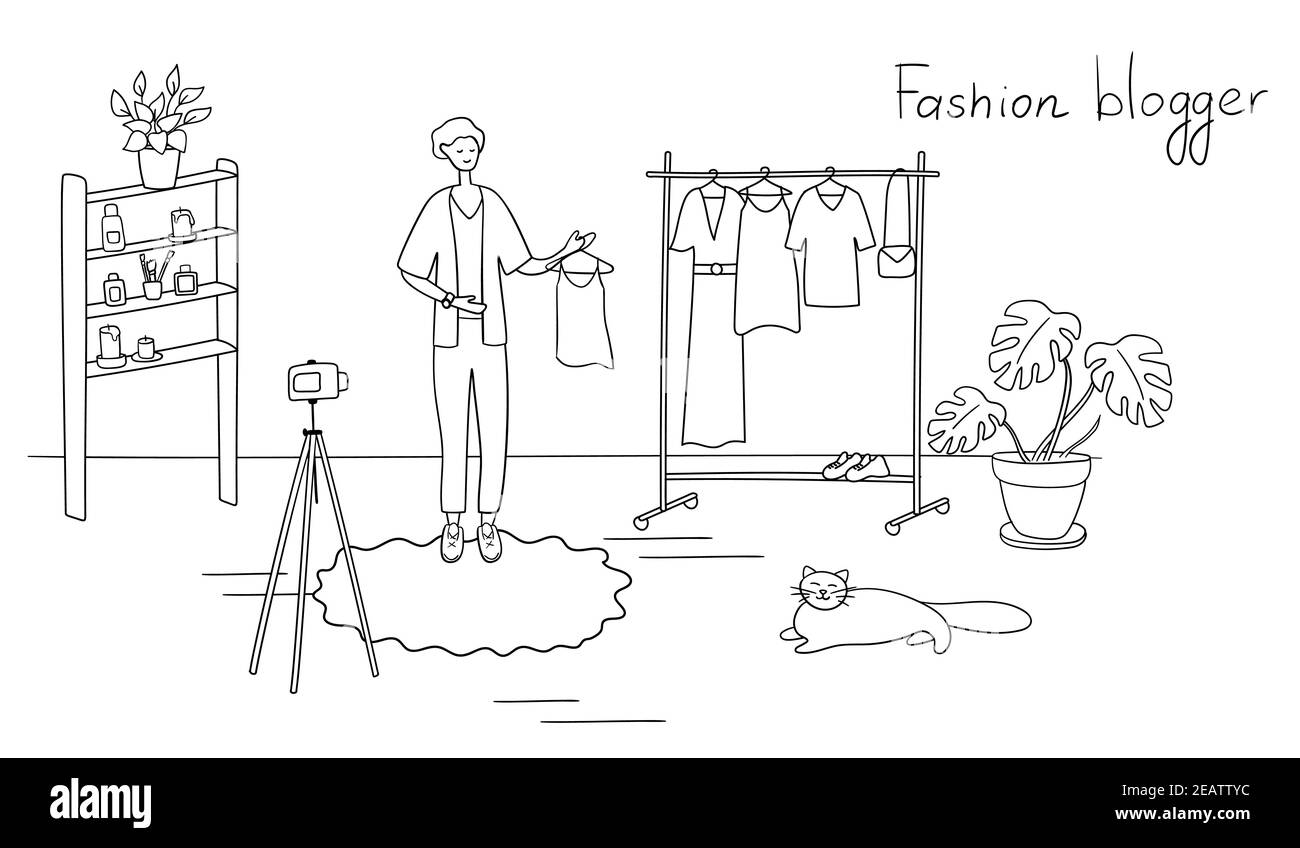 Blogueur de mode montrant des vêtements tendance à l'appareil photo. Styliste influenceur crée du contenu pour vlog. Jeune homme enseigne à choisir une tenue tendance. Avis Illustration de Vecteur