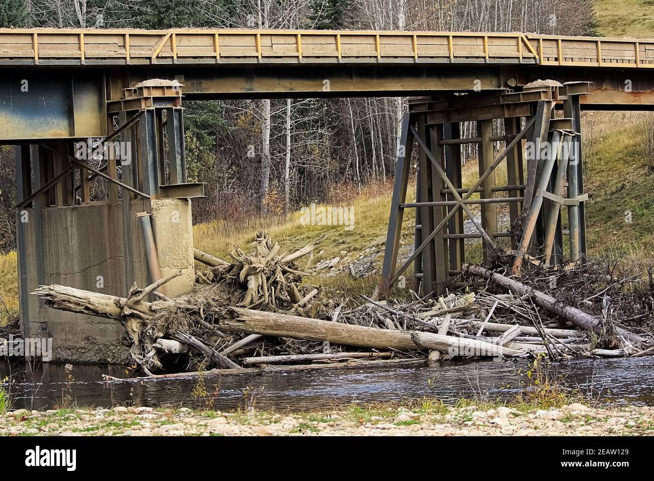 Des tas de bois flotté se ramassant à la base d'un pont Banque D'Images