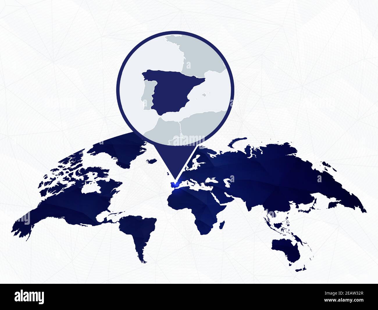 Espagne carte détaillée mise en évidence sur la carte du monde arrondie en bleu. Carte de l'Espagne en cercle. Illustration de Vecteur