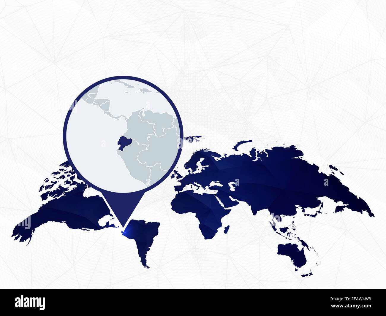 Carte détaillée de l'Équateur mise en évidence sur la carte du monde arrondie en bleu. Carte de l'Equateur en cercle. Illustration de Vecteur