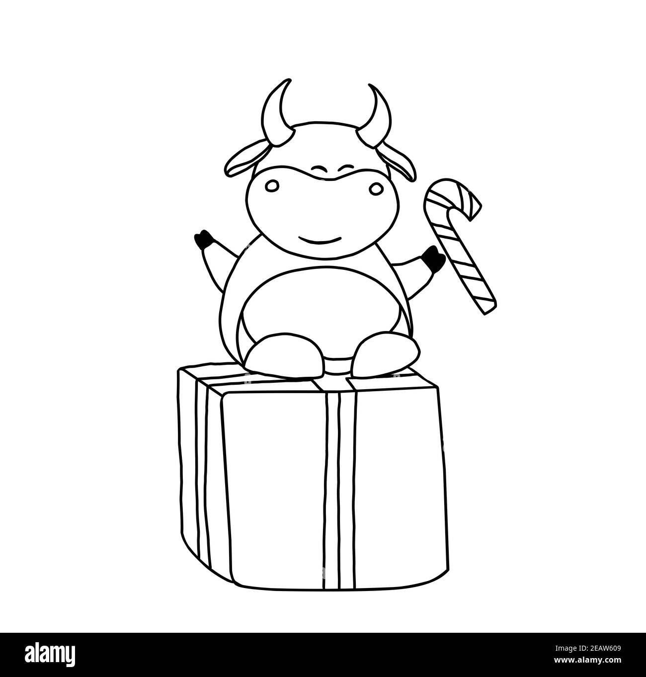 Année du taureau. Page de coloration de boeuf les animaux sont cornés. Illustration pour enfants taureau ou bœuf. Noël et nouvel an. Symbole de l'année. 2021 Banque D'Images