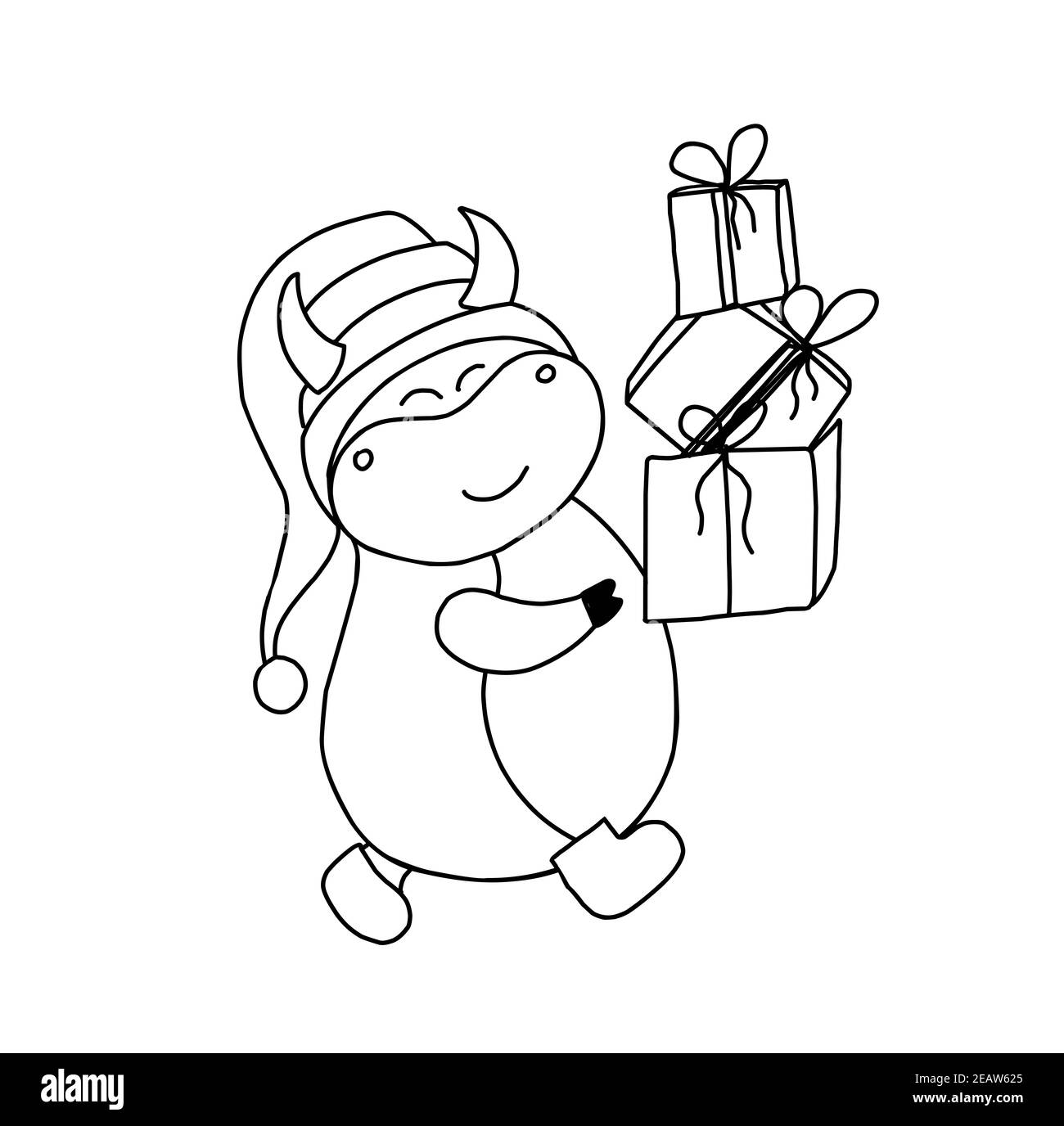 Année du taureau. Page de coloration de boeuf les animaux sont cornés. Illustration pour enfants taureau ou bœuf. Noël et nouvel an. Symbole de l'année. 2021 Banque D'Images