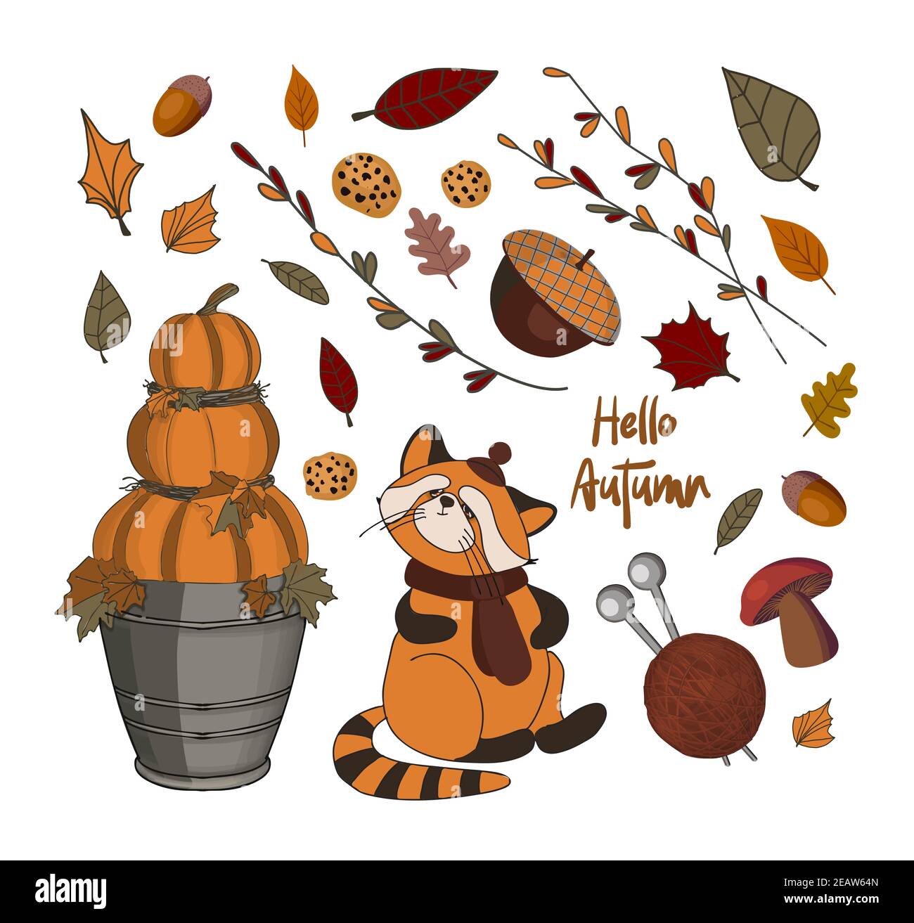Illustration du jour de Thanksgiving. Bonjour, automne. Ensemble d'autocollants d'automne. Banque D'Images