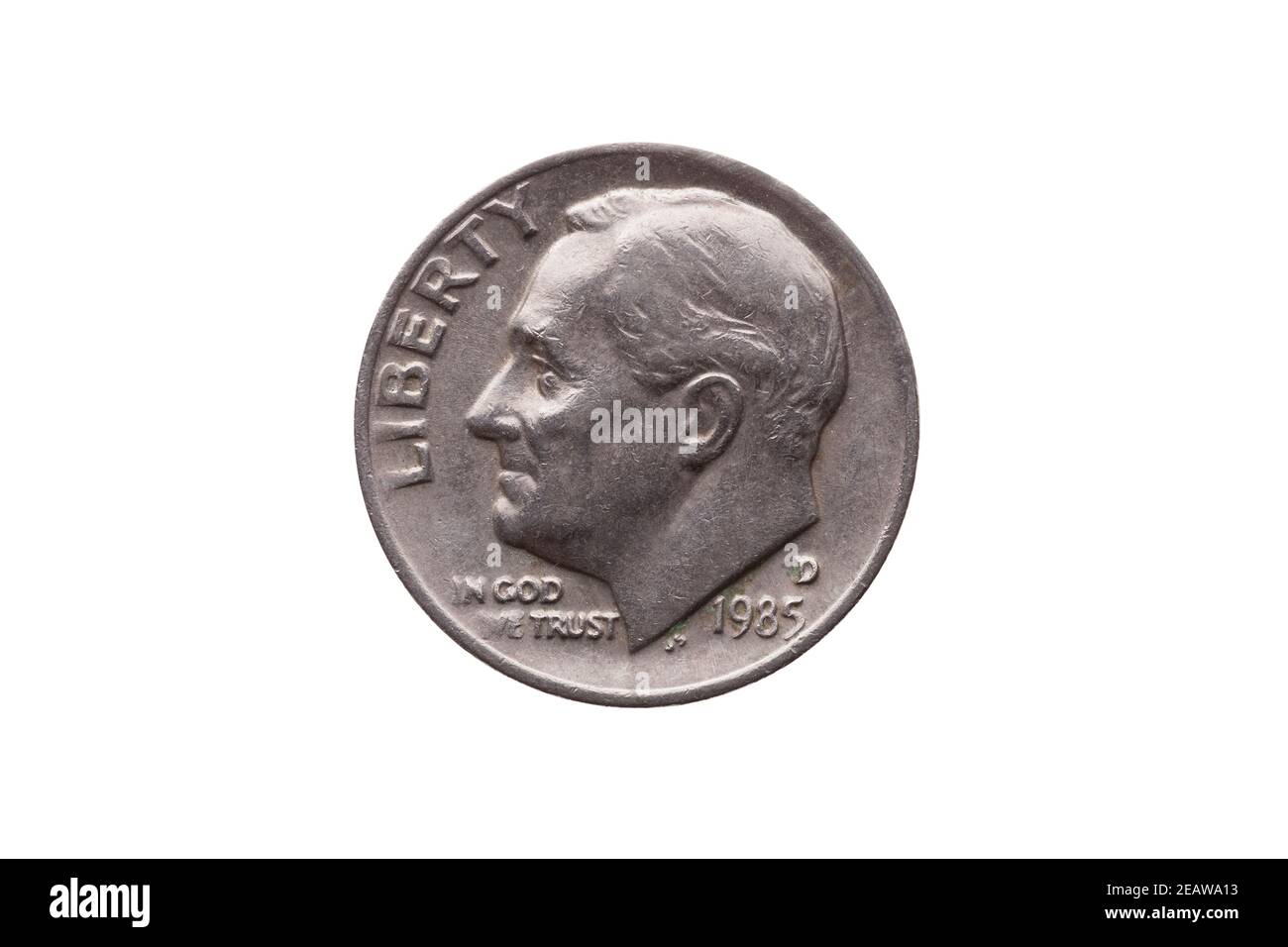 USA dime nickel coin (10 cents) Avec une photo portrait de Franklin D Roosevelt découpé et isolé Banque D'Images