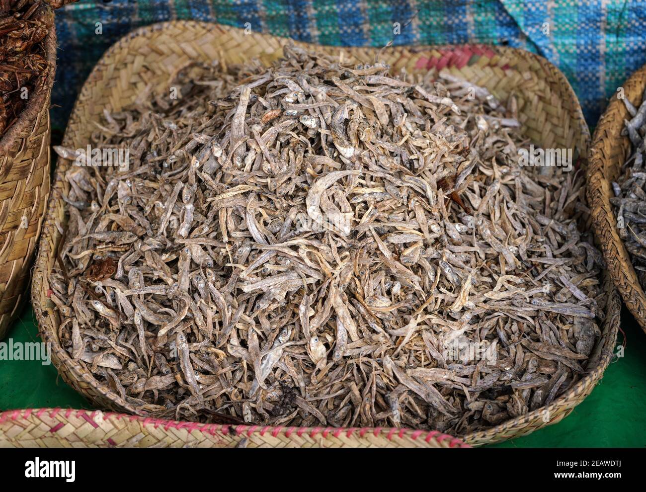 Petits poissons séchés exposés dans un panier de paille sur le marché alimentaire à Ranohira, Madagascar, détail de gros plan Banque D'Images