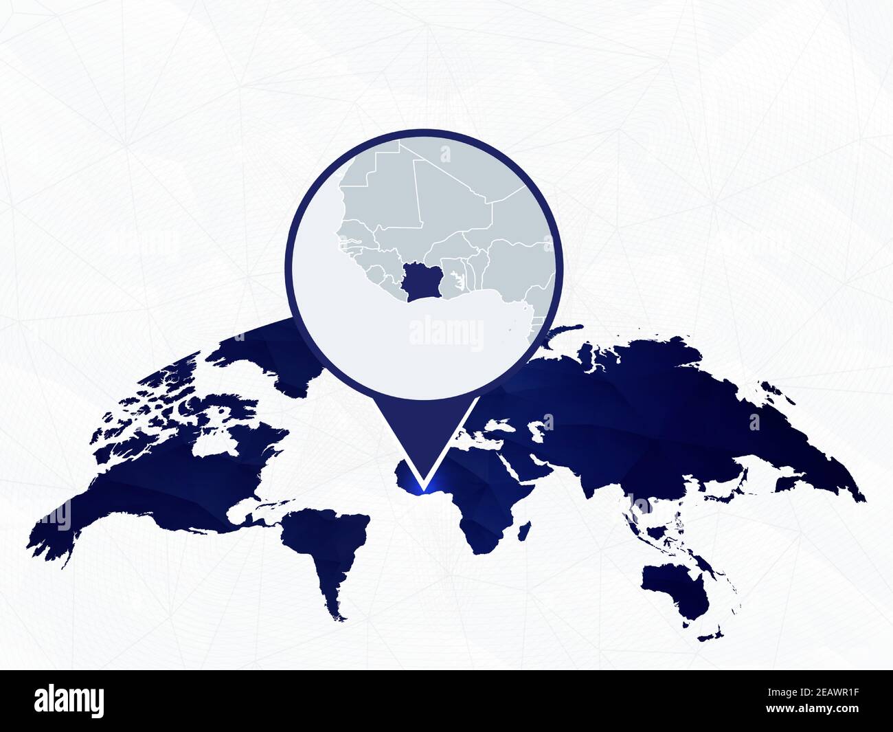Côte d'Ivoire carte détaillée mise en évidence sur la carte du monde arrondie en bleu. Carte de Côte d'Ivoire en cercle. Illustration de Vecteur