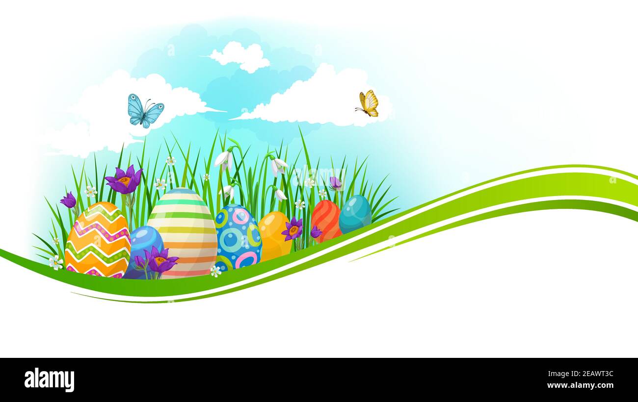 Oeufs de Pâques avec une vague verte d'herbe et de fleurs de printemps bannière vectorielle. Vacances religieuses de Pâques peint des oeufs, des lames d'herbe, des crocus en fleurs, le lis de Illustration de Vecteur