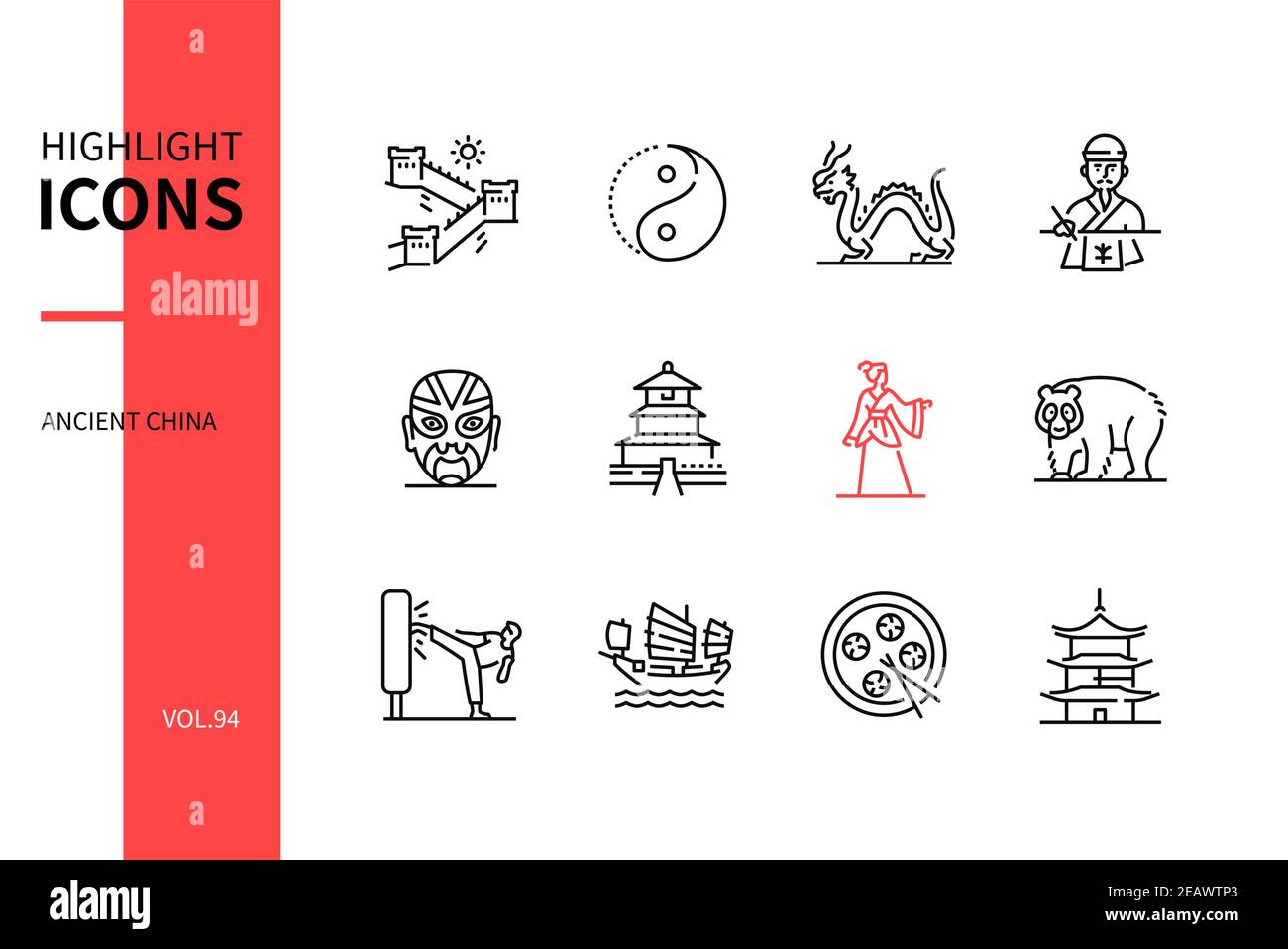 Ancient China - ensemble d'icônes de style moderne. Culture, arts et artisanat chinois. Vêtements traditionnels, nourriture et monuments. La Grande Muraille, yin et Illustration de Vecteur