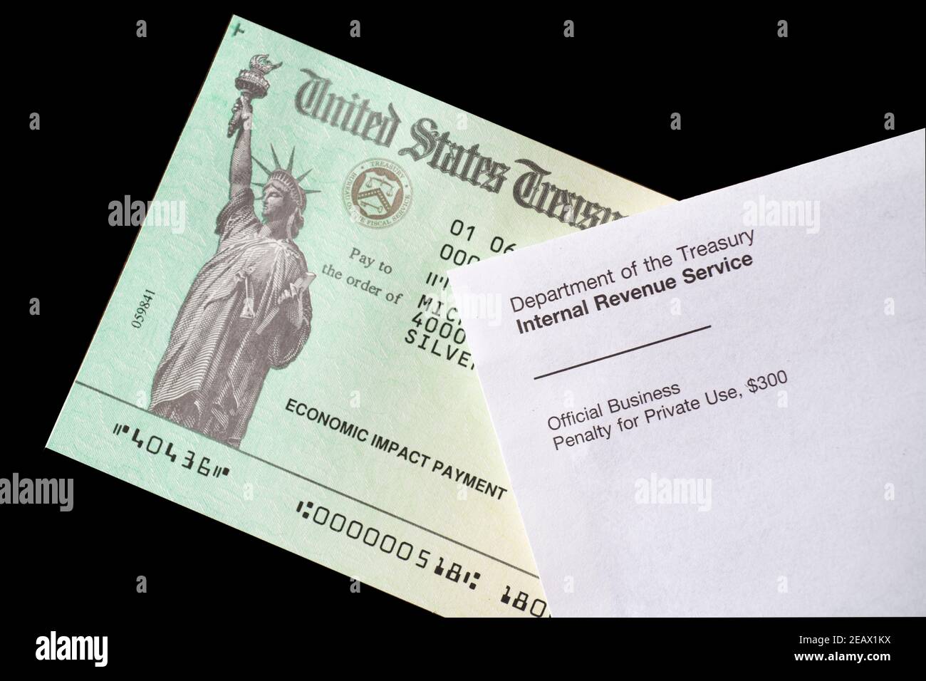 États-Unis le chèque de paiement de l'impact économique des États-Unis provenant du IRS Internal Revenue Service Stimulus Money Banque D'Images