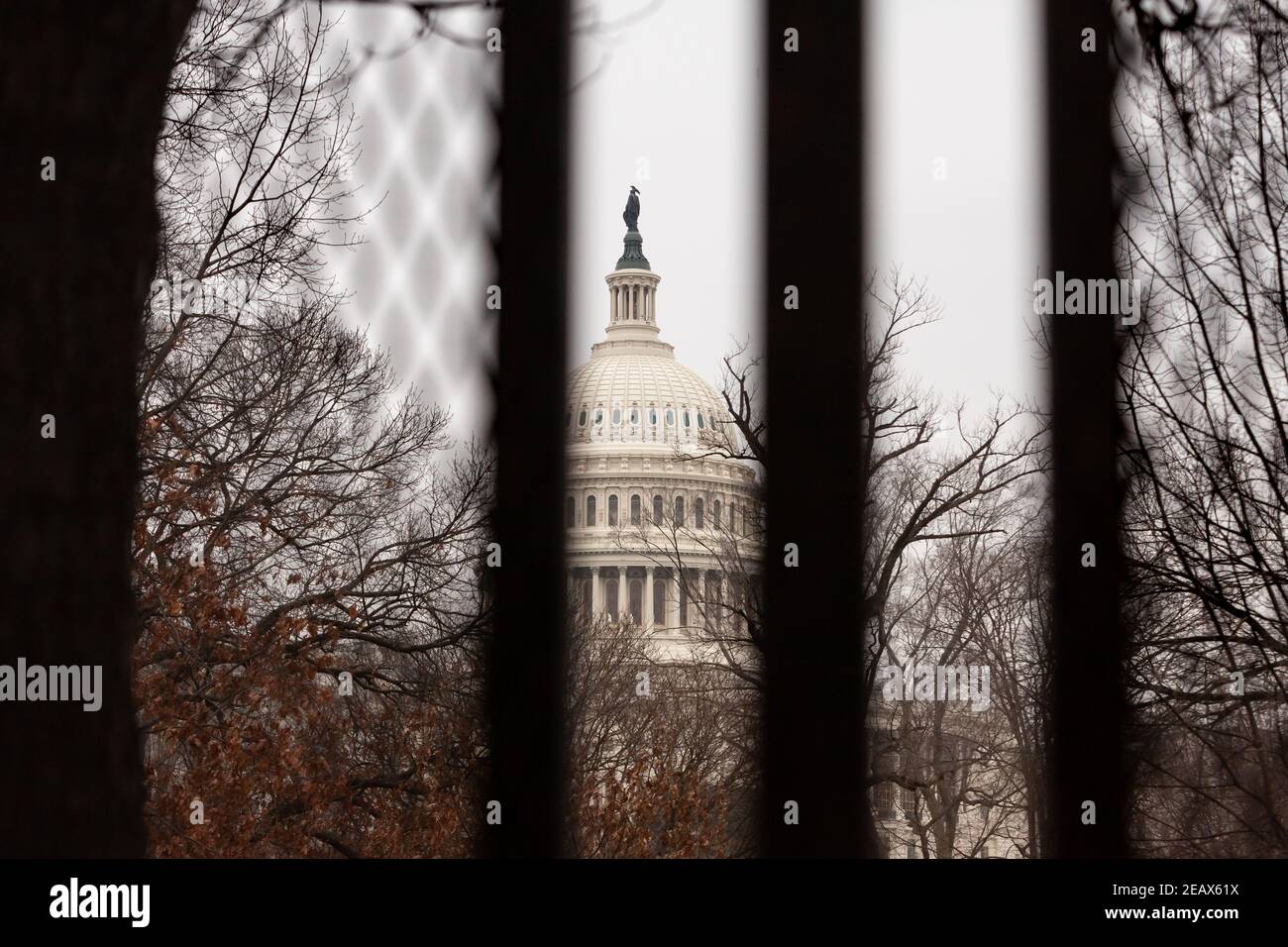 Washington, DC, États-Unis, 10 février 2021. Photo : le deuxième jour du deuxième procès de Trump pour destitution, le dôme du Capitole des États-Unis a vu à travers la clôture érigée après l'insurrection du 6 janvier. Crédit : Allison C Bailey/Alay Live News Banque D'Images