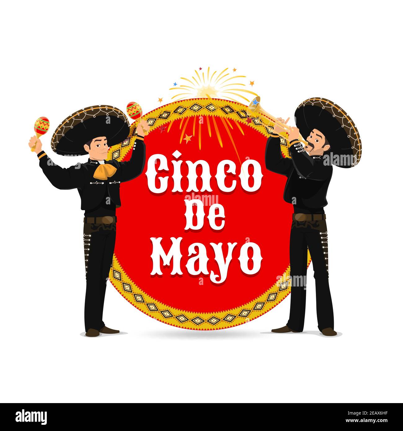 Icône vecteur Cinco de Mayo avec bande Mariachi. Musiciens mexicains en sombrero et costumes nationaux jouant la trompette et les maracas à l'étiquette ronde avec typo Illustration de Vecteur