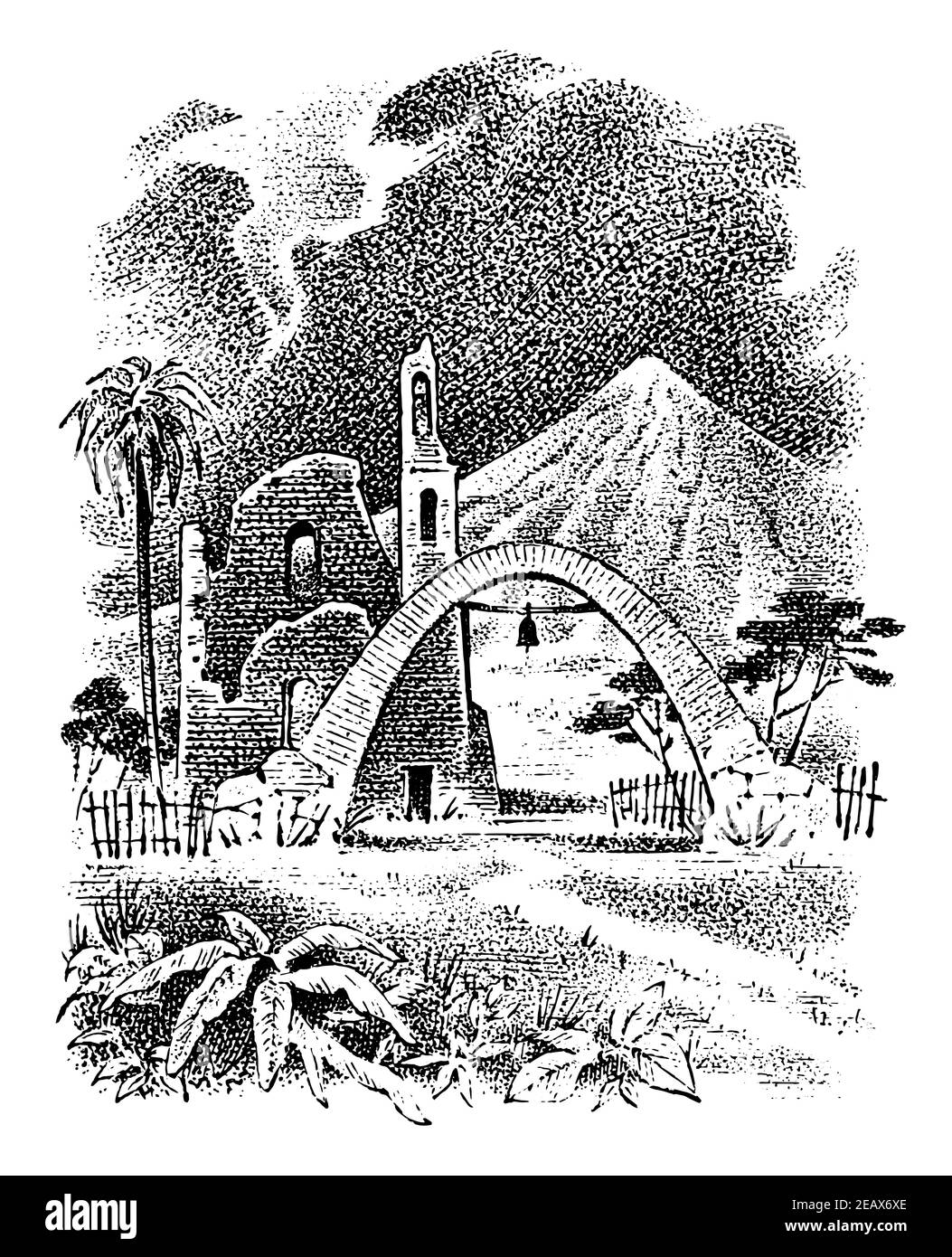 Ville mexicaine en ruines avec paysage d'église. Palmiers et montagnes en arrière-plan. Arche avec une cloche. Illustration de Vecteur