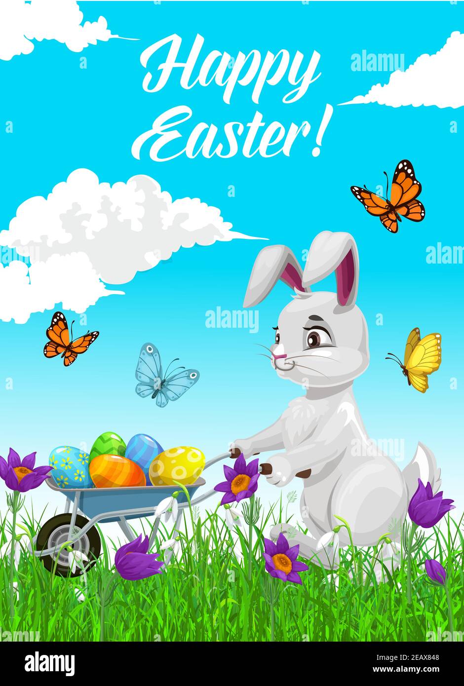 Bonne affiche de vacances de Pâques avec un lapin blanc poussant la brouette pleine d'oeufs décorés. Carte de vœux avec adorable lapin et papillons Illustration de Vecteur Bonne affiche de vacances de Pâques avec un lapin blanc poussant la brouette pleine d'oeufs décorés. Carte de vœux avec adorable lapin et papillons Illustration de Vecteur
