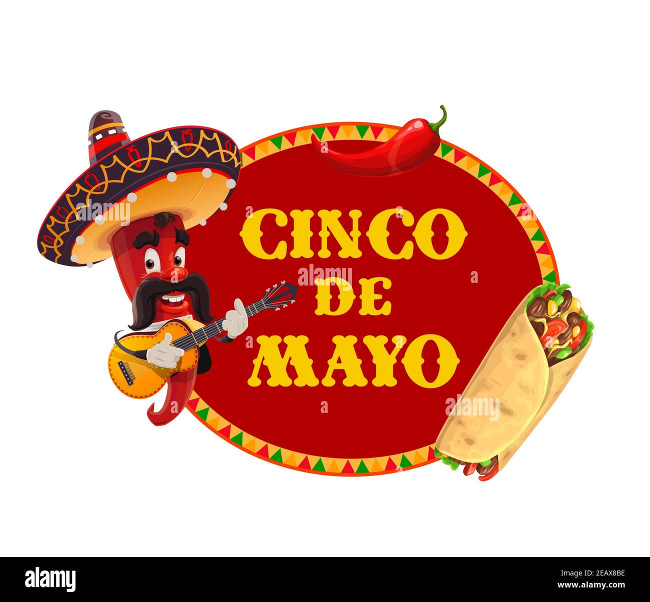 Icône vecteur Cinco de Mayo. Piment Mariachi au sombrero jouant de la guitare, du burrito et du jalapeno rouge. Personnage mexicain au poivron rouge avec moustaches pla Illustration de Vecteur