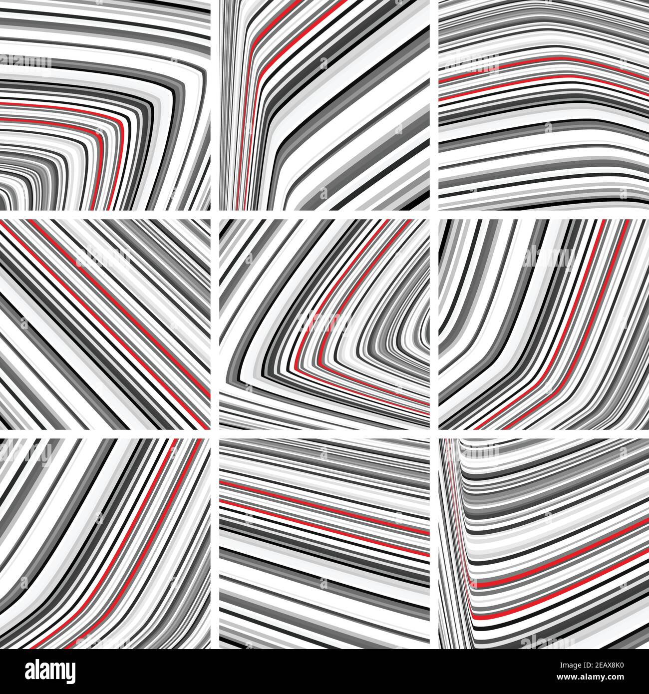 Ensemble de carreaux à rayures abstraits avec bandes fines noires et blanches et rouges. Motif vectoriel graphique Illustration de Vecteur