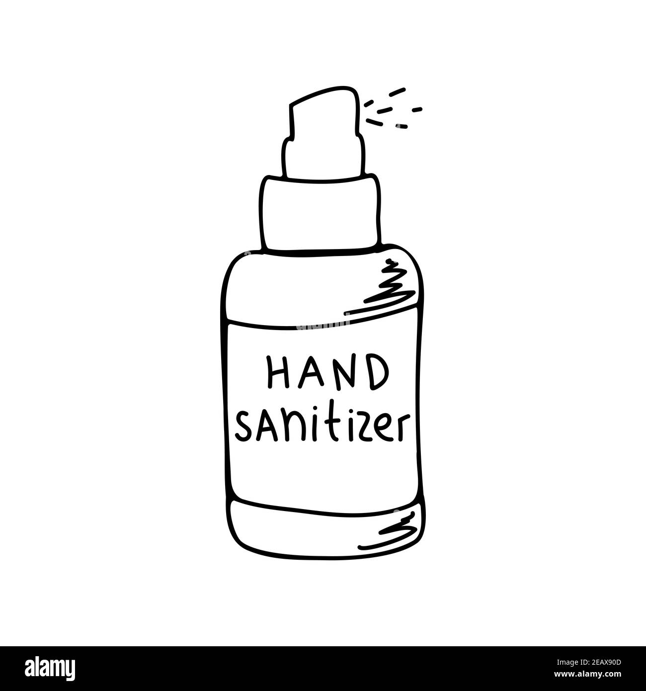 Illustration simple d'un flacon de solution désinfectante dessiné à la main. Isolé sur un fond blanc. Illustration de Vecteur