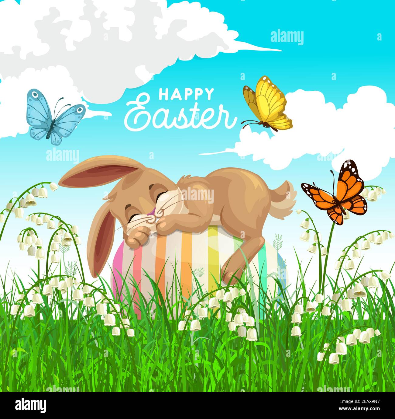 Joyeux Noël de Pâques poster vectoriel avec mignon lapin dormir sur un oeuf décoré sur le terrain avec des fleurs et des papillons. Carte de vœux de dessin animé avec sommeil Illustration de Vecteur Joyeux Noël de Pâques poster vectoriel avec mignon lapin dormir sur un oeuf décoré sur le terrain avec des fleurs et des papillons. Carte de vœux de dessin animé avec sommeil Illustration de Vecteur
