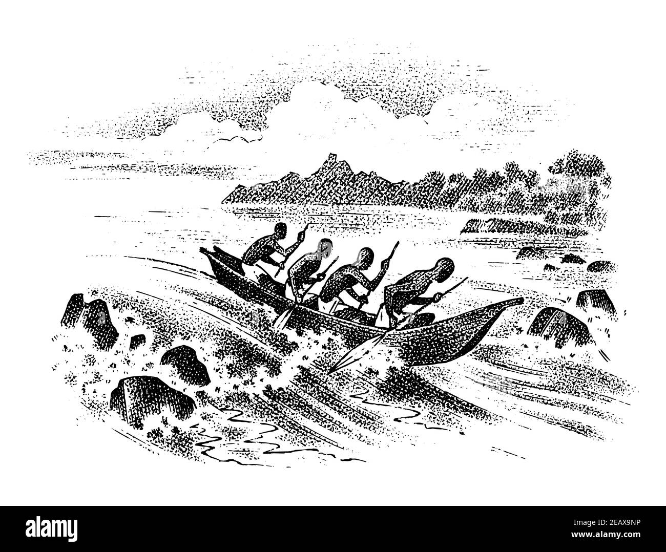 Les rameurs sur un bateau naviguent dans l'océan ou dans le Rhin. Voiliers en mer. Vagues ondulantes fortes. Paysage de mer dans un style ancien vintage. Illustration de Vecteur