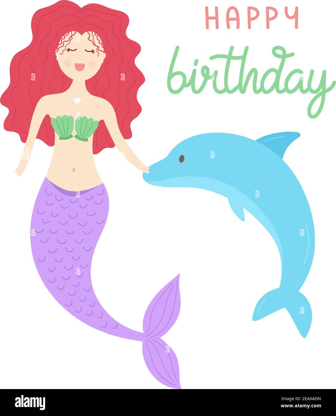 Illustration Vectorielle De La Sirene Carte De Vœux D Anniversaire Fille De Sirene A Cheveux Rouges Princesse Avec Queue Pourpre Et Soutien Gorge A Carapace Verte Avec Dauphin Isole Image Vectorielle Stock Alamy