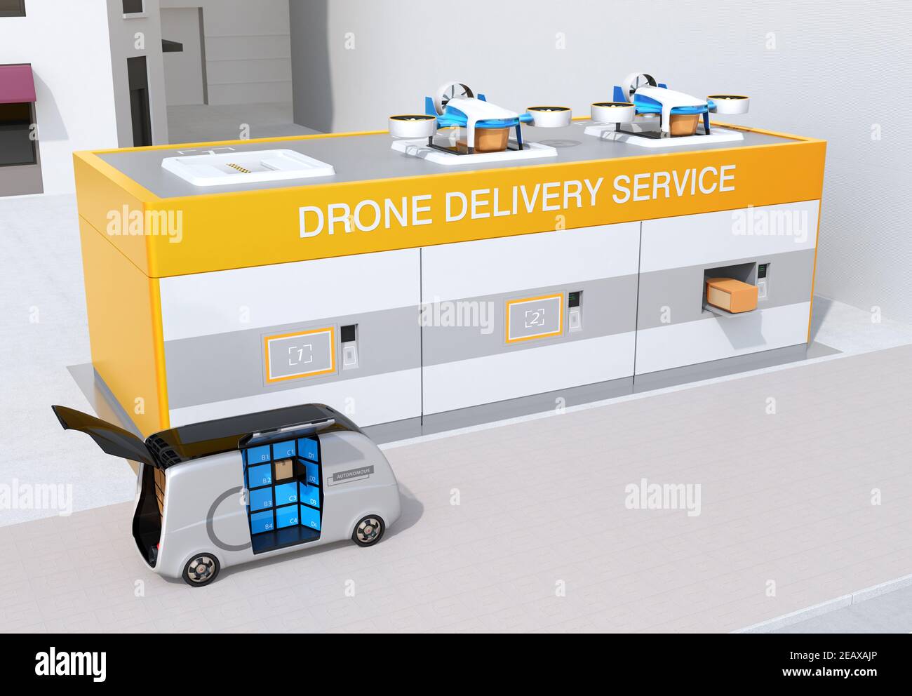 Les drones de livraison décollent et atterrissent sur le plateau de lancement. Concept de dernier kilomètre. Image de rendu 3D. Banque D'Images