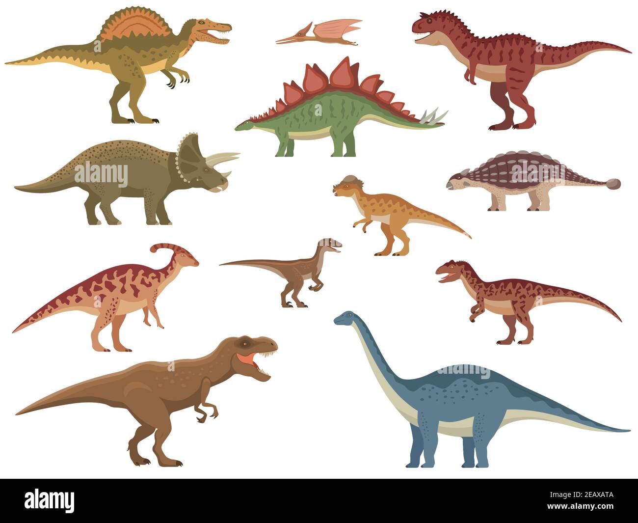 Ensemble de dinosaures colorés. Groupe d'illustrations vectorielles de dessins animés de couleur dinosaures isolés sur un fond blanc. Style plat. Illustration de Vecteur