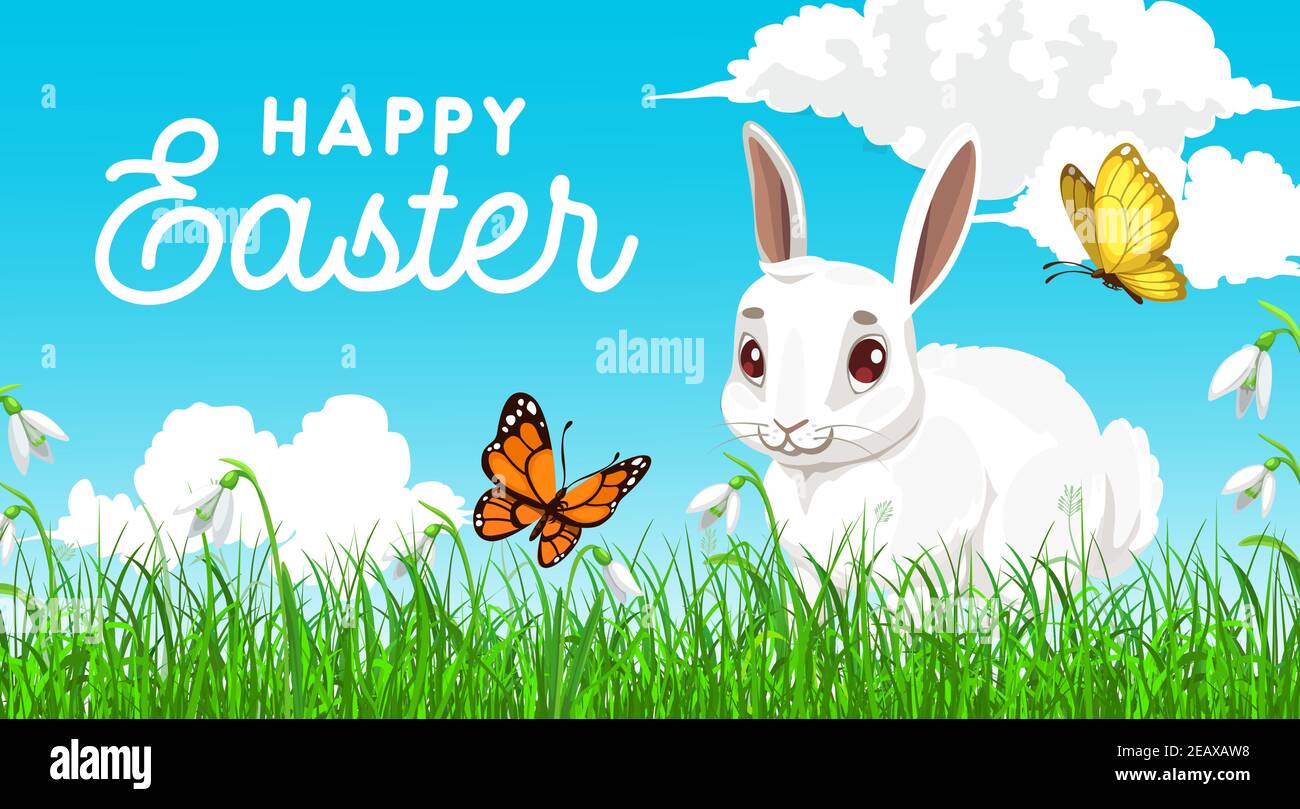 Bonne affiche vectorielle de vacances de Pâques avec lapin blanc. Carte de vœux avec adorable lapin de dessin animé et papillons sur prairie verte de printemps avec lames d'herbe a Illustration de Vecteur