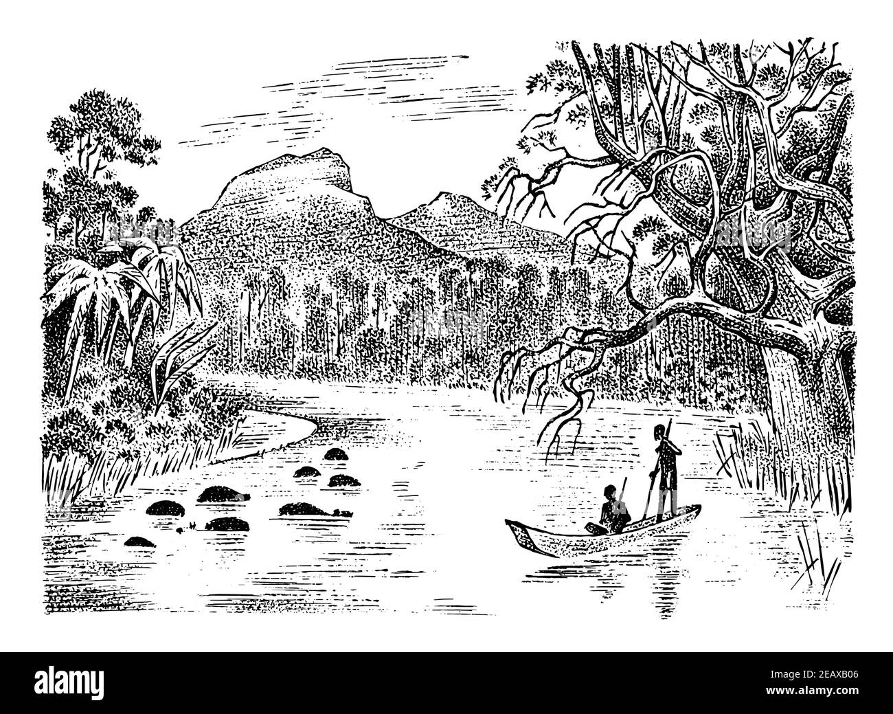 Des rameurs sur un bateau naviguent dans le Rhin. Voile de navires en mer sur fond de montagnes et de plantes tropicales. Vagues ondulantes fortes. Paysage marin Illustration de Vecteur