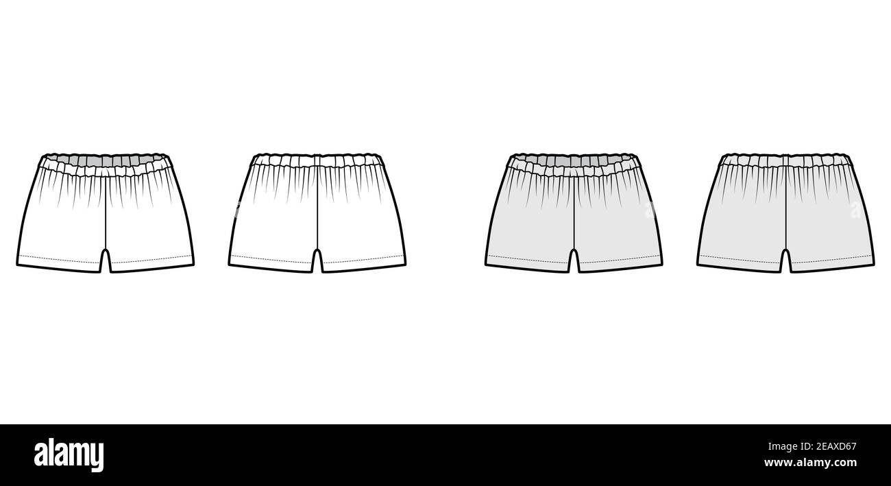 Short Tap pantalon technique mode illustration avec mini-longueur, taille basse, taille, fronces. Modèle de vêtement de nuit inférieur sans pinces à l'avant, à l'arrière, de couleur grise blanche. Femmes hommes unisexe CAD maquette Illustration de Vecteur
