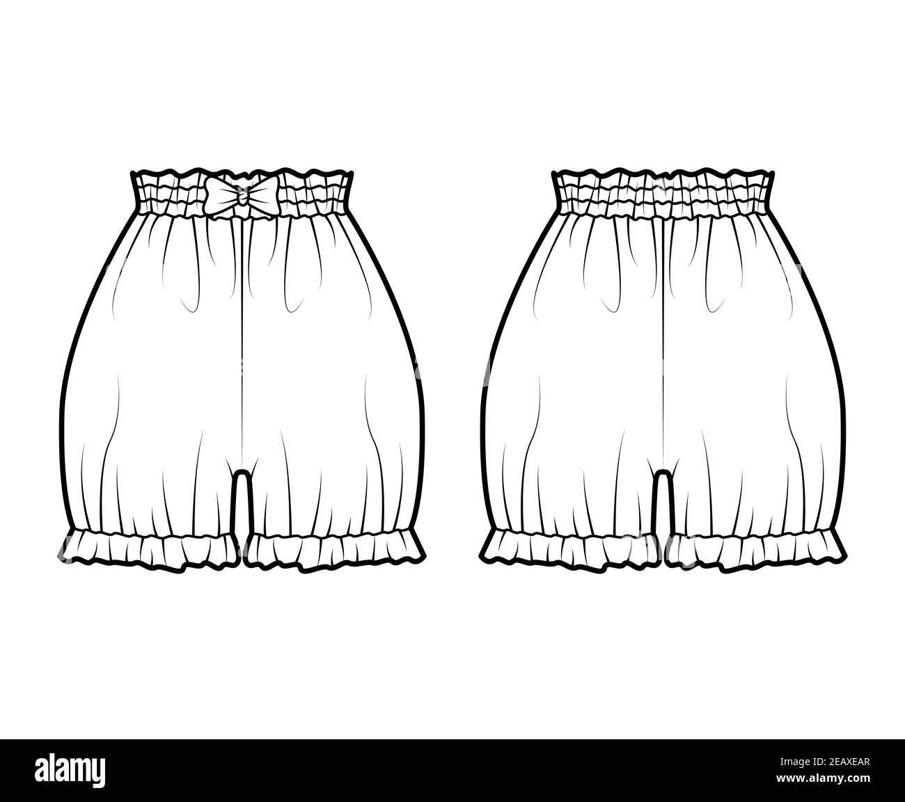 Short bloomers pantalon technique mode illustration avec noeud, mini longueur, taille normale, taille haute, froncé. Modèle de vêtement à fond plat à l'avant, à l'arrière, de couleur blanche. Femmes hommes unisexe CAD maquette Illustration de Vecteur