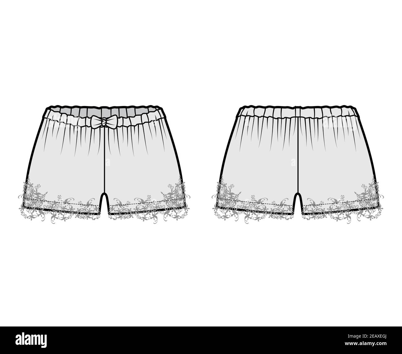 Pantalon à robinet court illustration technique de la mode avec noeud, dentelle, longueur mini, taille basse, taille haute. Modèle de vêtement de nuit sans pinces à l'avant, à l'arrière, de couleur grise. Femmes hommes unisexe CAD maquette Illustration de Vecteur