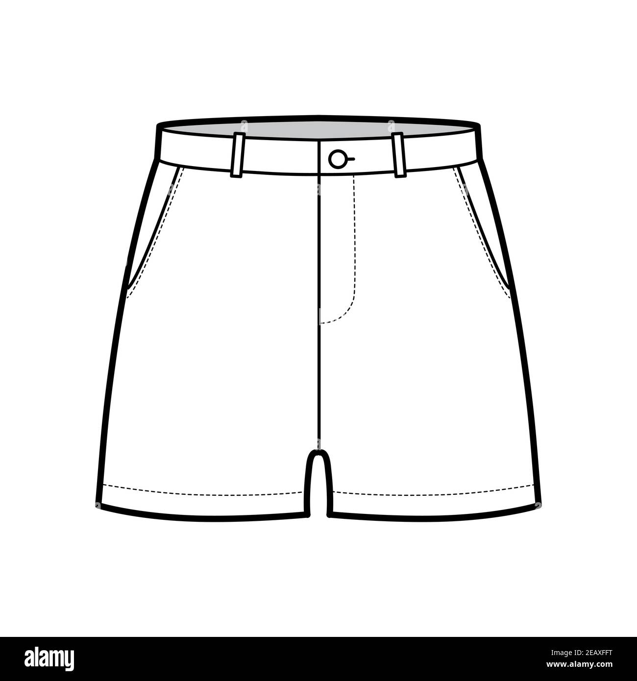 Short pantalon technique mode illustration avec mi-cuisse, taille basse,  taille, poche écrasée. Modèle de vêtement à fond plat sur le devant, style  blanc. Femmes, hommes, maquette de CAD unisex Image Vectorielle Stock -