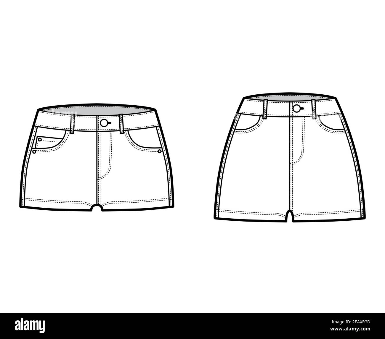 Ensemble de pantalons chauds en denim illustration technique de la mode avec mini-longueur, taille normale basse, taille haute basse, pièce de monnaie, 5 poches coudées. Avant du modèle à fond plat, blanc. Maquette de CAO pour femmes Illustration de Vecteur