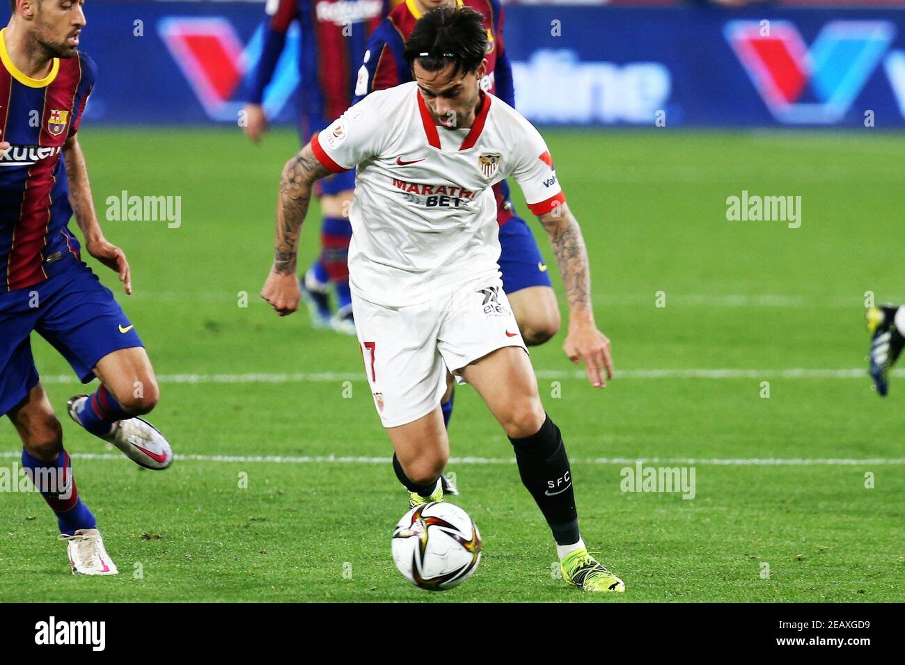 Suso du FC Séville lors de la coupe d'Espagne, Copa del Rey, demi-finale, match de football de la 1ère jambe entre le FC Séville et le FC Barcelone le 10 février 2021 au stade Sanchez Pizjuan à Séville, Espagne. Photo Laurent Lairys/ABACAPRESS.COM Banque D'Images