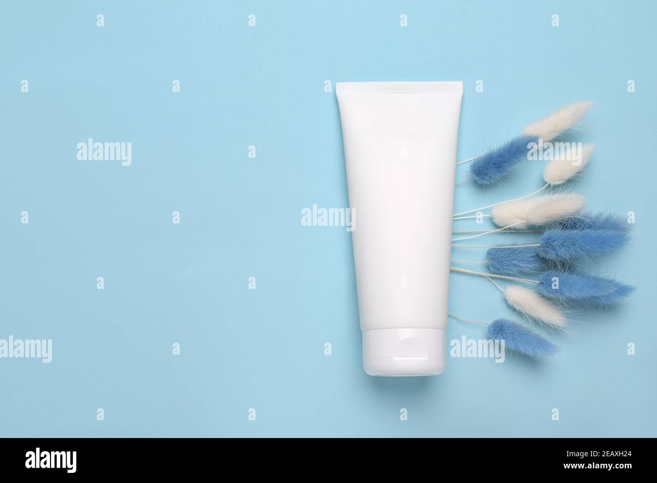 Pot à tubes contenant pour crème cosmétique pour les mains, les pieds ou le visage. Concept de soins et de soins. Studio tourné avec un espace de copie sur fond bleu clair. Banque D'Images