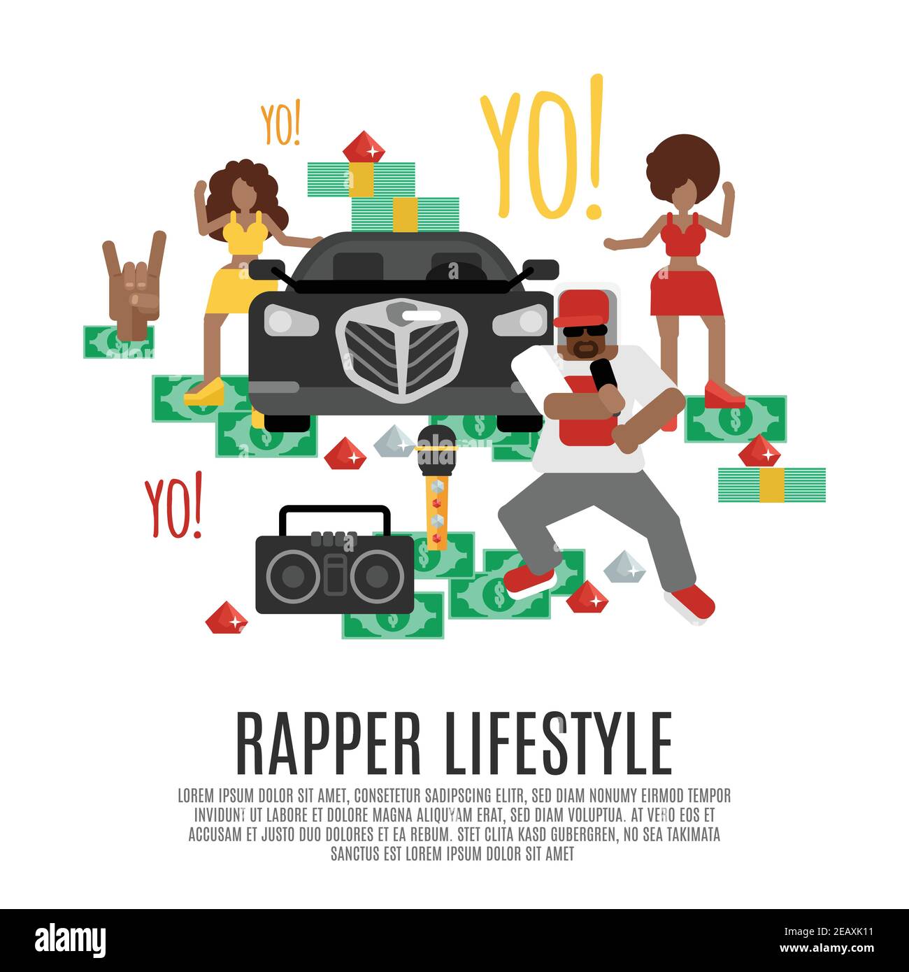 RAP Music concept avec rappeur accessoires style de vie ensemble d'icônes plates illustration vectorielle Illustration de Vecteur