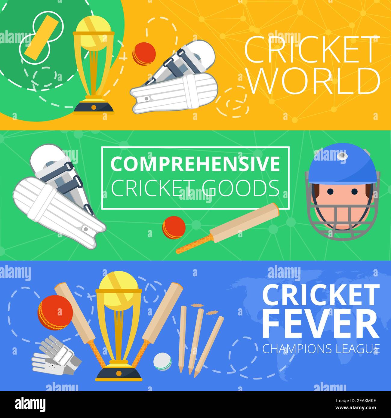 Ensemble de bannières plates de symboles World goods de cricket de la Ligue des champions illustration vectorielle abstraite isolée de l'équipement de terrain de club Illustration de Vecteur