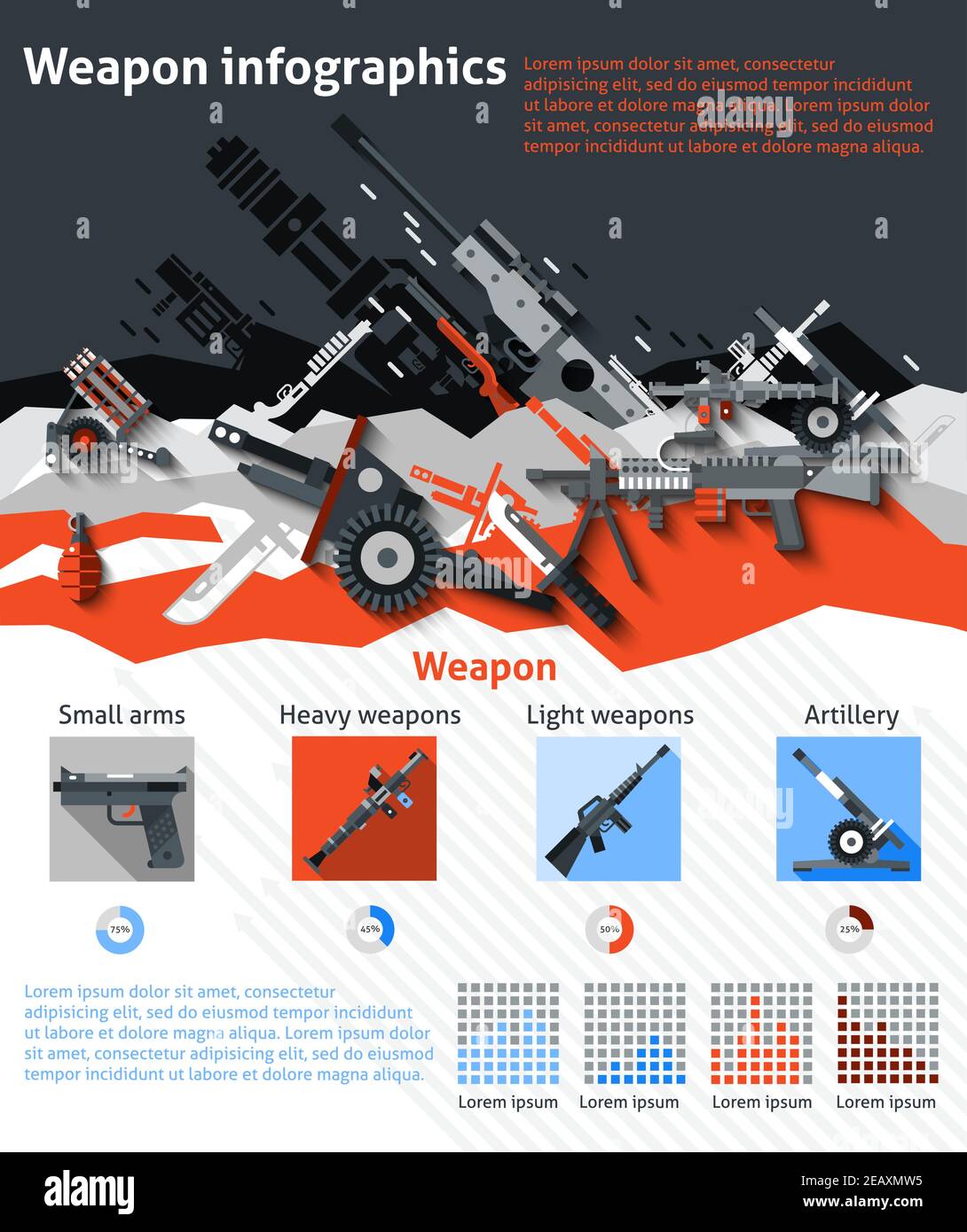 Ensemble d'infographies d'armes avec des machines militaires d'artillerie et de chartes d'armée illustration vectorielle Illustration de Vecteur