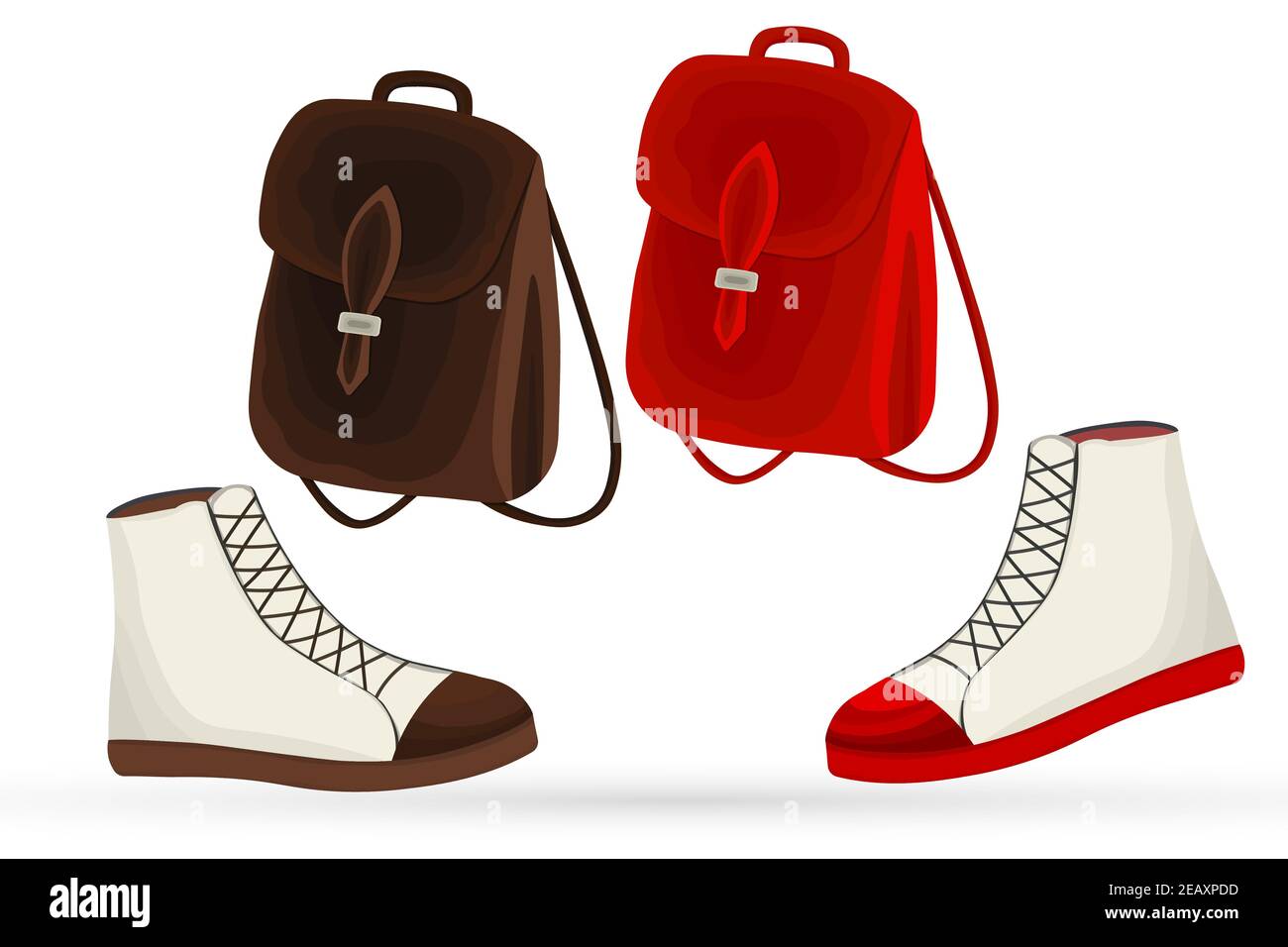 Sac à dos et chaussures plates. Ensemble avec sacs et chaussures en cuir. Accessoire de mode d'automne pour élève, étudiant, fille. Icône isolée. Décontracté Illustration de Vecteur