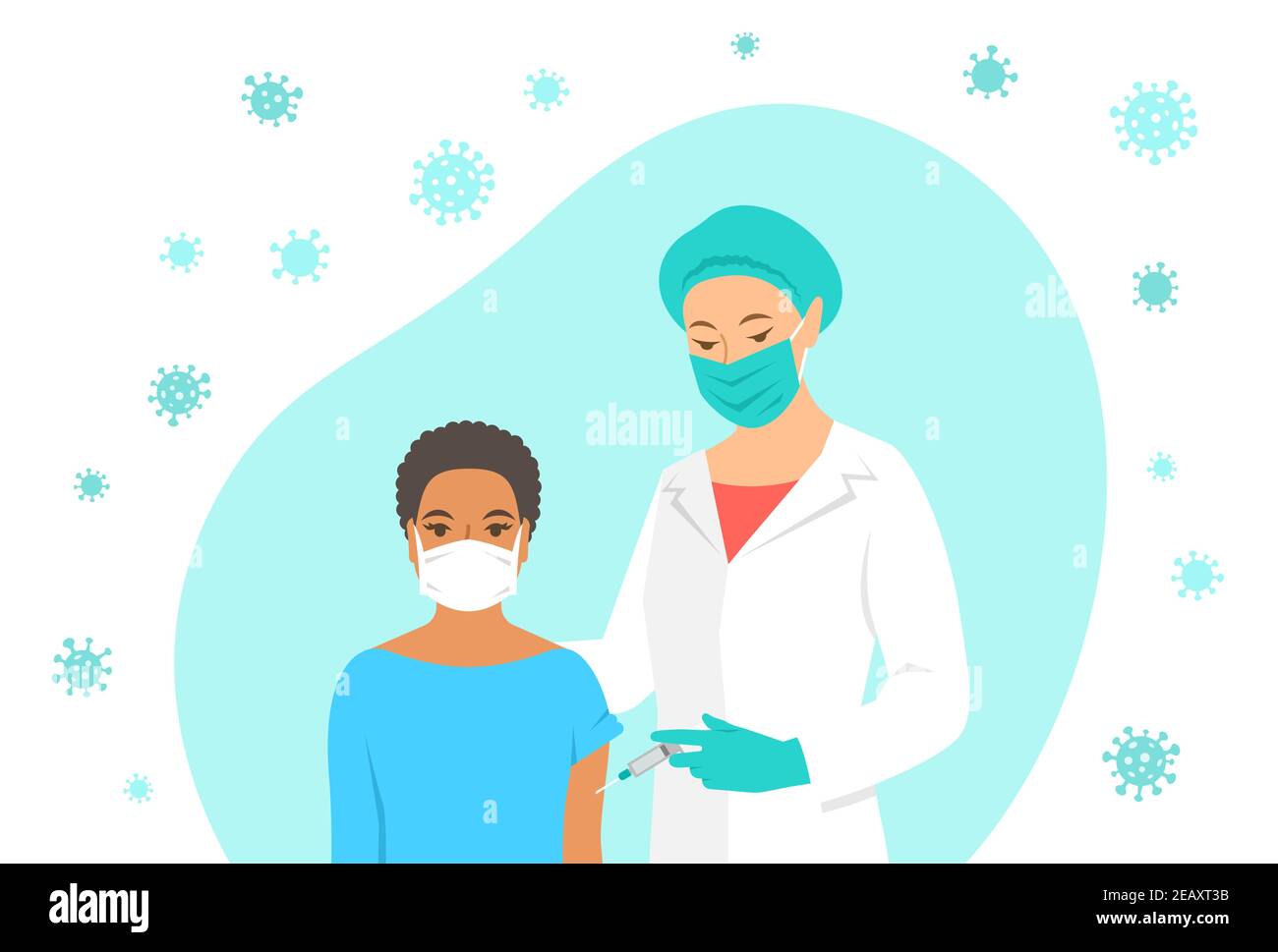 Une infirmière ou un médecin de sexe féminin envoie une dose de vaccin à l'épaule du patient à l'hôpital. Médecin utilisant la seringue pour faire l'injection à la jeune femme dans le masque. Coronavir Illustration de Vecteur