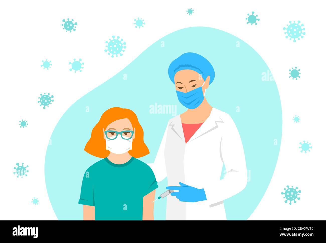 Une infirmière ou un médecin de sexe féminin donne une dose de vaccin à l'épaule du patient à l'hôpital. Médecin utilisant la seringue pour faire l'injection à la jeune fille dans le masque. Coronav Illustration de Vecteur