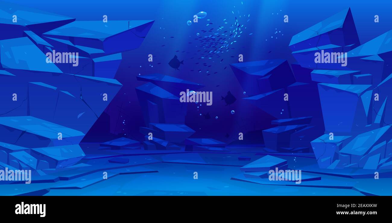 Fond sous-marin océan ou mer. Vider le fond avec des rochers, des silhouettes de poisson et des bulles d'air flottant à des faisceaux de lumière du soleil tombant d'en haut. Scène marine, vie sous-marine dessin vectoriel de dessin animé Illustration de Vecteur