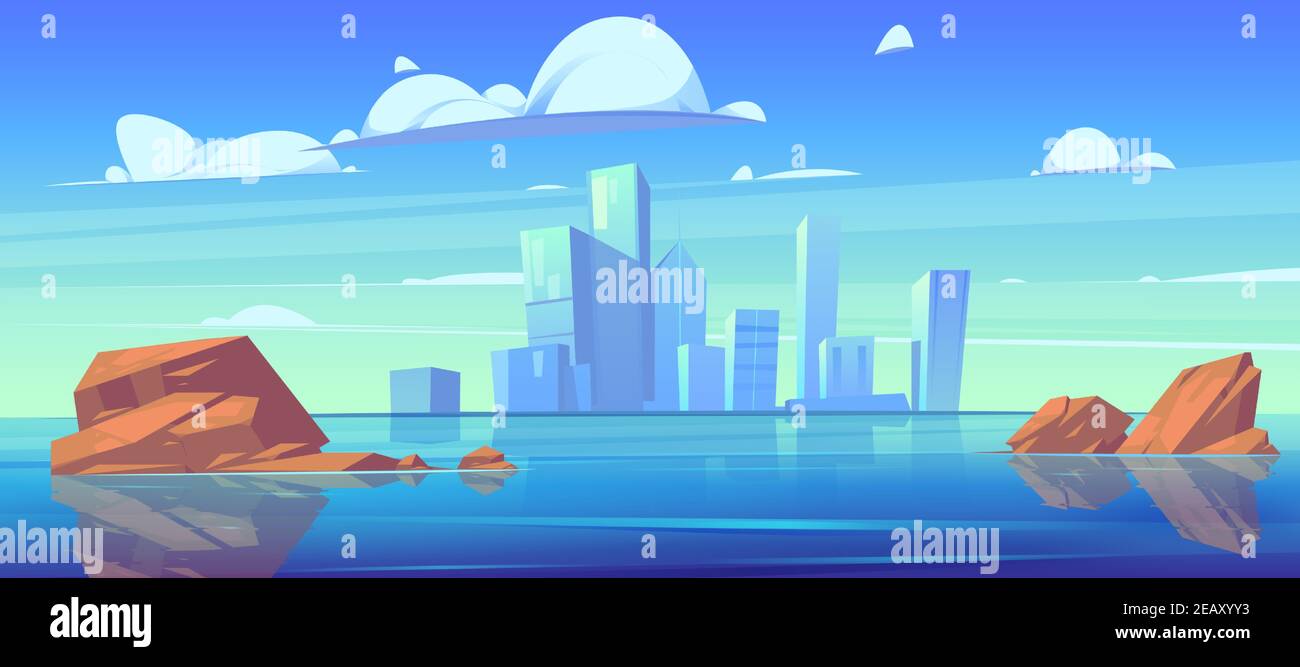Horizon de la ville avec des silhouettes de bâtiments et réflexion dans l'eau de la rivière ou du lac. Paysage de dessin animé vectoriel de la mer, île avec gratte-ciel de ville à l'horizon et des pierres dans l'eau Illustration de Vecteur