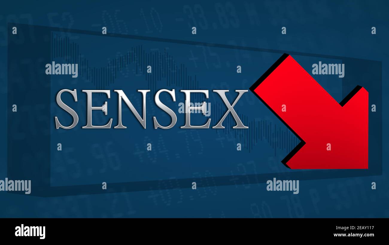 L'indice boursier ESB SENSEX de la Bourse de Bombay se négocie plus bas. Une flèche rouge inclinée symbolise un scénario barbu. Le titre ARGENT SENSEX Banque D'Images