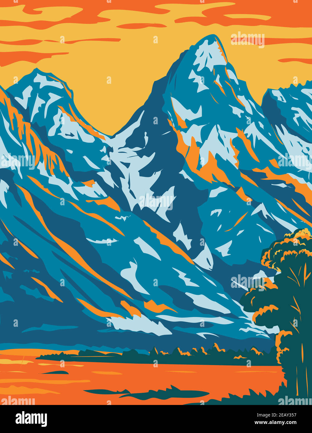 Affiche WPA des sommets enneigés spectaculaires de Grand Parc national de Teton situé dans le Wyoming États-Unis d'Amérique fait en travaux projet admi Illustration de Vecteur