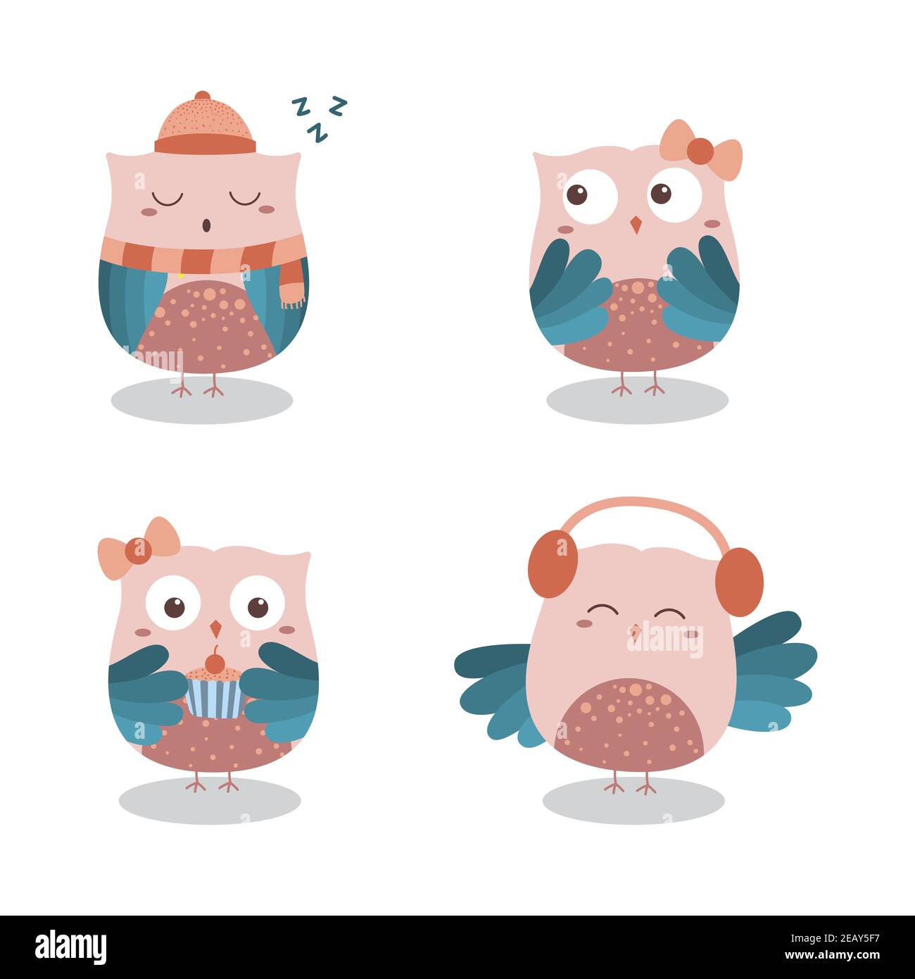 Joli oiseau hibou divers poses dessin animé ensemble de personnages Illustration de Vecteur