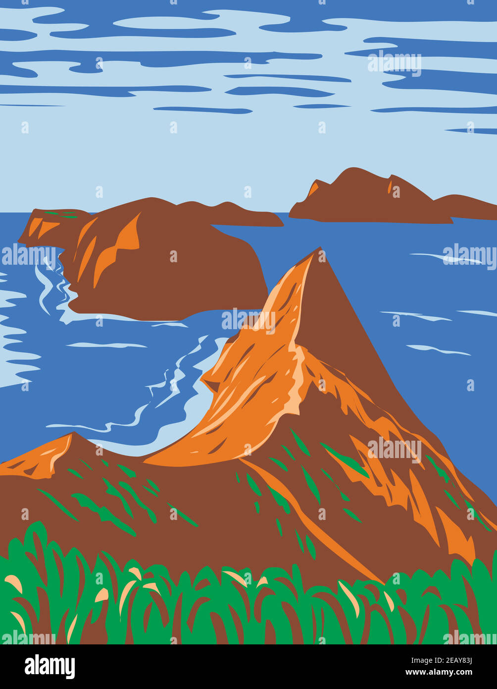 L'art de l'affiche WPA du parc national des îles Anglo-Normandes comprend 5 îles écologiquement riches au large de la côte sud de la Californie Etats-Unis administrateur de projet in works Illustration de Vecteur